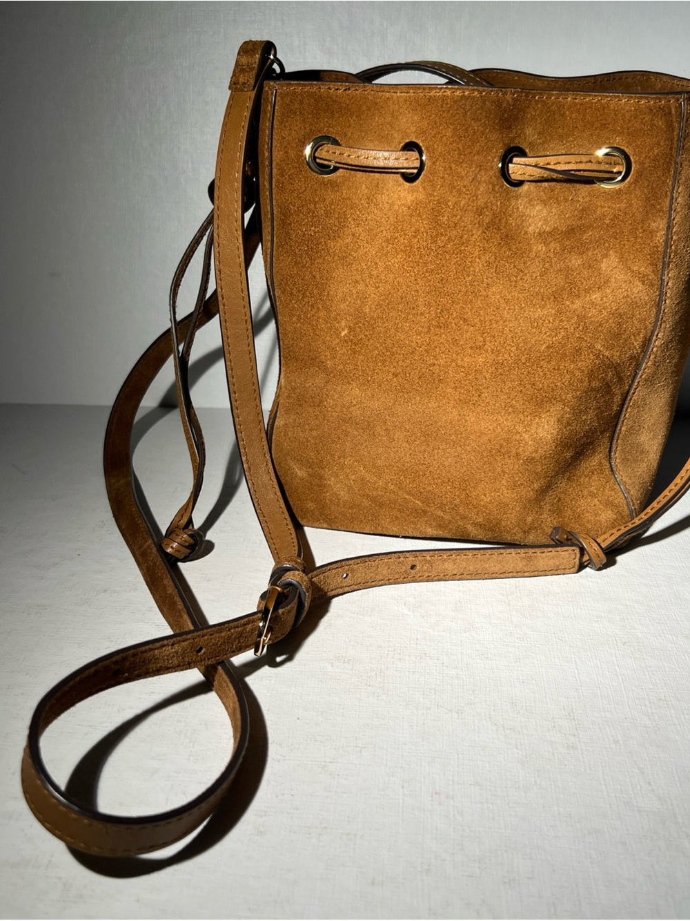 Madewell Suede Drawstring Crossbody Bag Brown Bucket Adjustable Straps